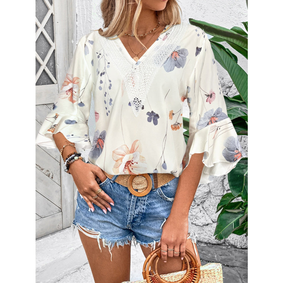 Ruffled Printed V-Neck Half Sleeve Blouse Apparel and Accessories