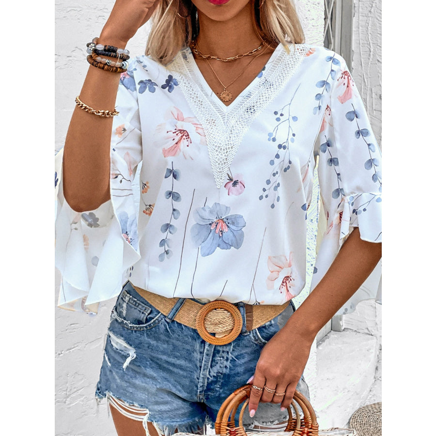 Ruffled Printed V-Neck Half Sleeve Blouse Apparel and Accessories