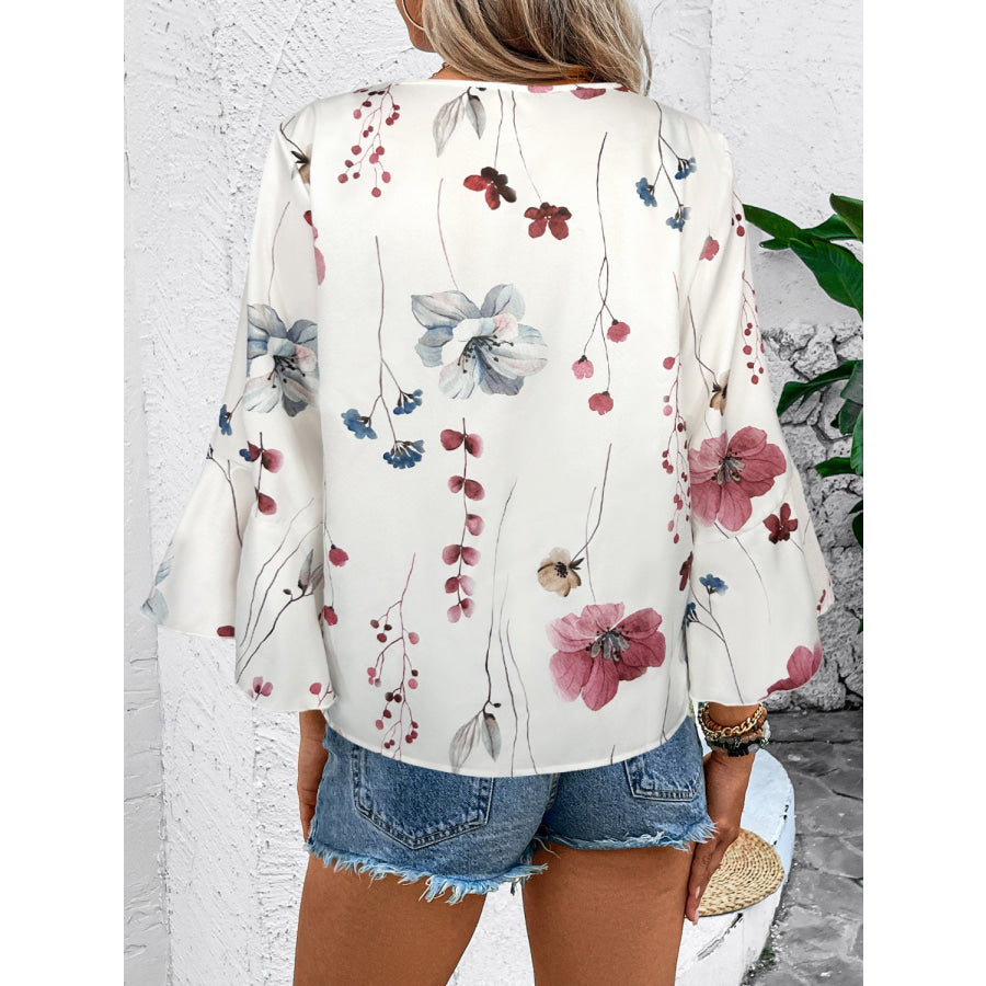 Ruffled Printed V-Neck Half Sleeve Blouse Apparel and Accessories