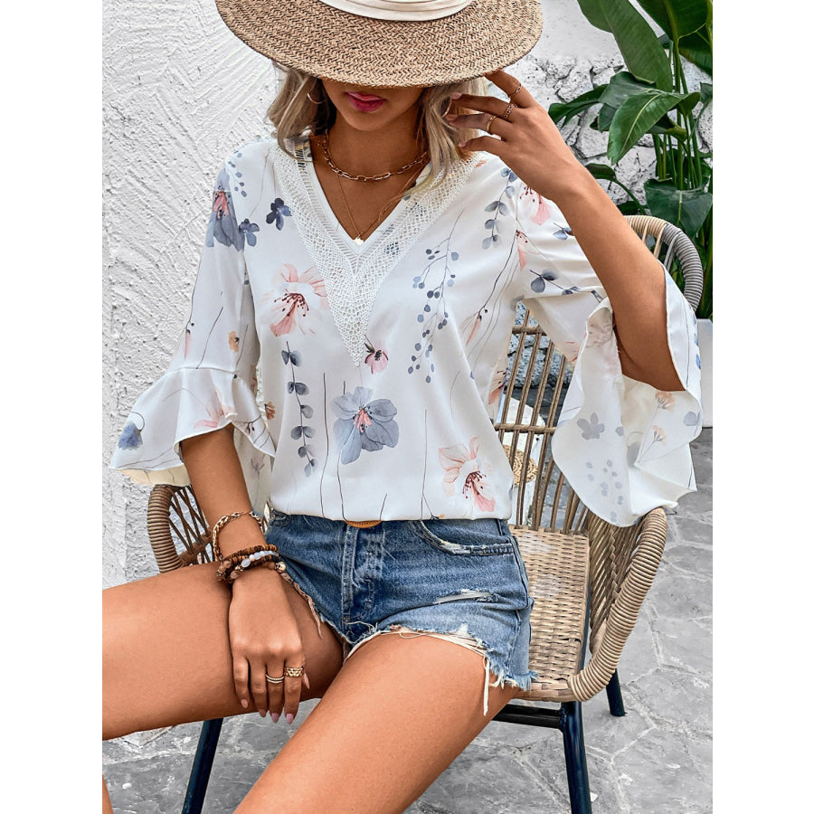 Ruffled Printed V-Neck Half Sleeve Blouse Apparel and Accessories