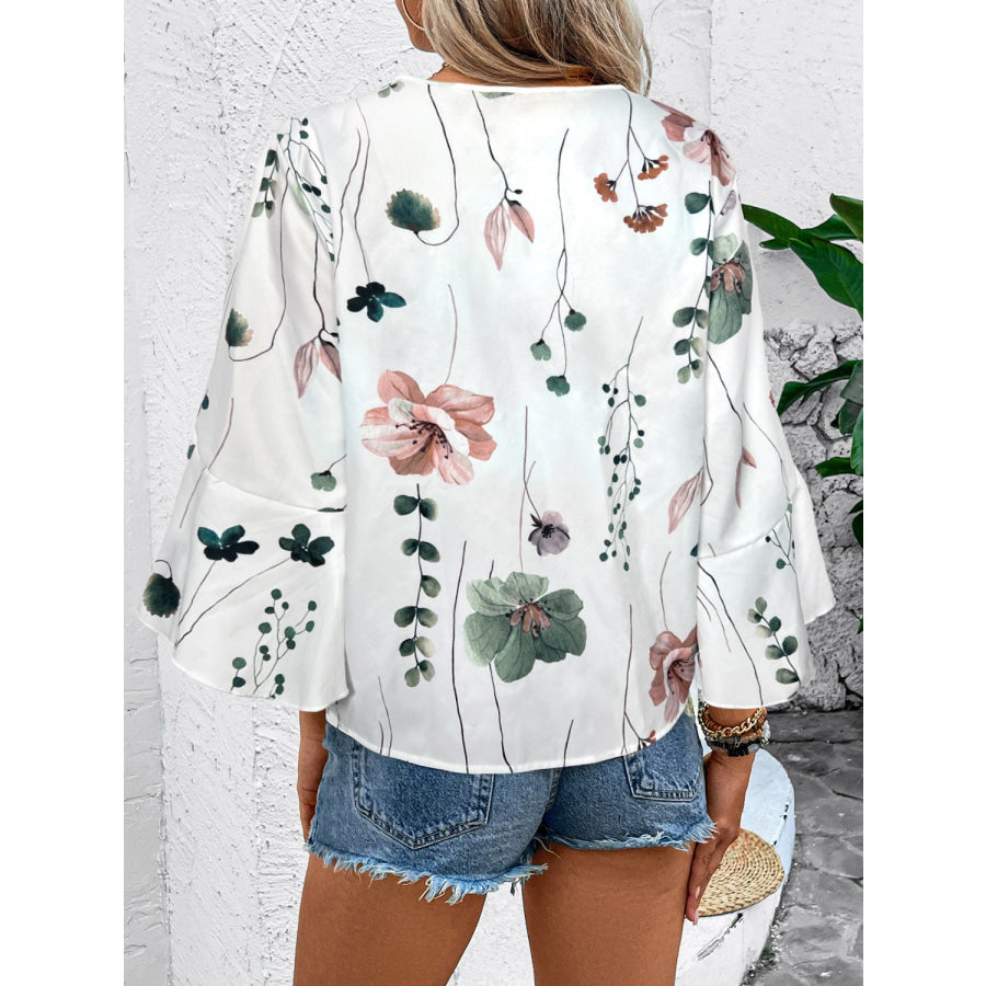 Ruffled Printed V-Neck Half Sleeve Blouse Apparel and Accessories