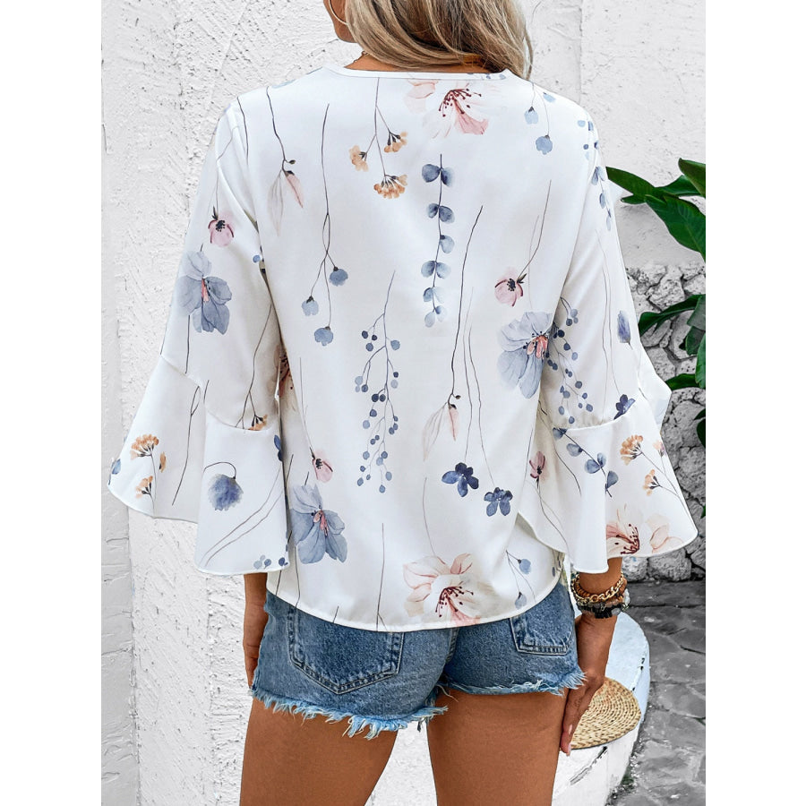 Ruffled Printed V-Neck Half Sleeve Blouse Apparel and Accessories