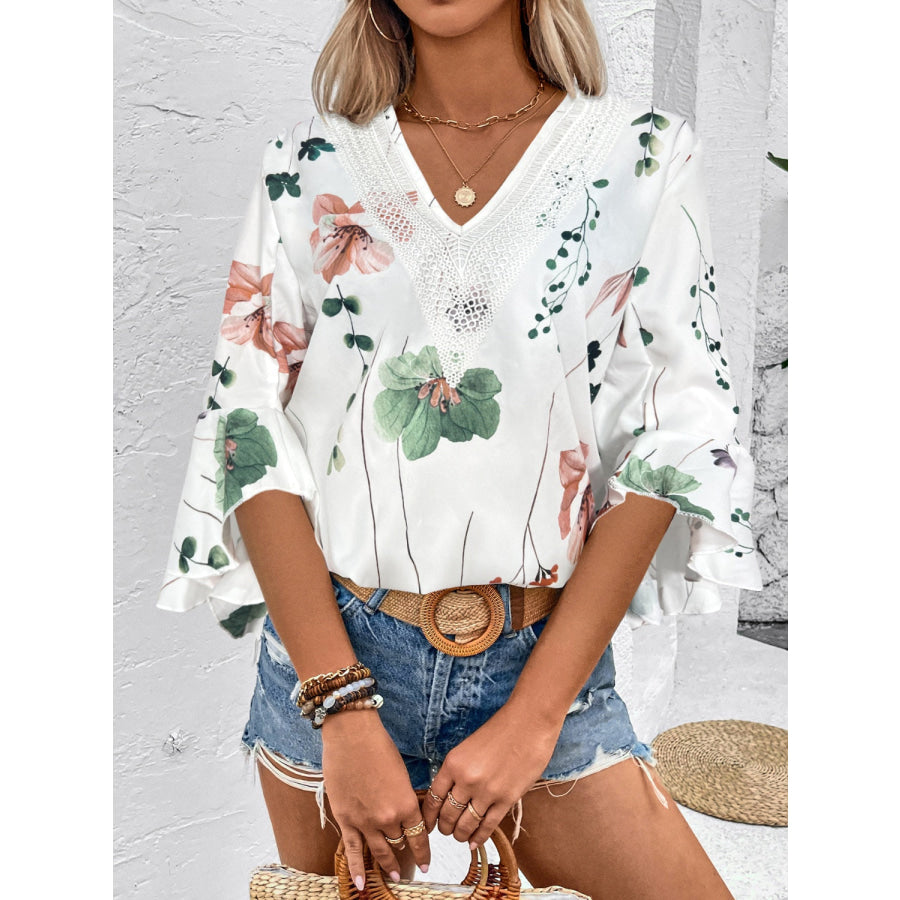 Ruffled Printed V-Neck Half Sleeve Blouse Apparel and Accessories