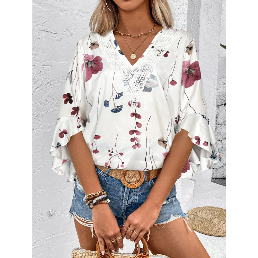 Ruffled Printed V-Neck Half Sleeve Blouse Apparel and Accessories