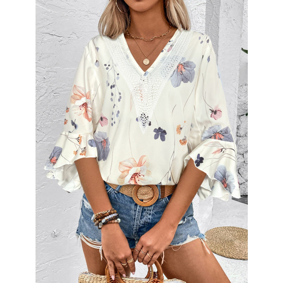 Ruffled Printed V-Neck Half Sleeve Blouse Apparel and Accessories