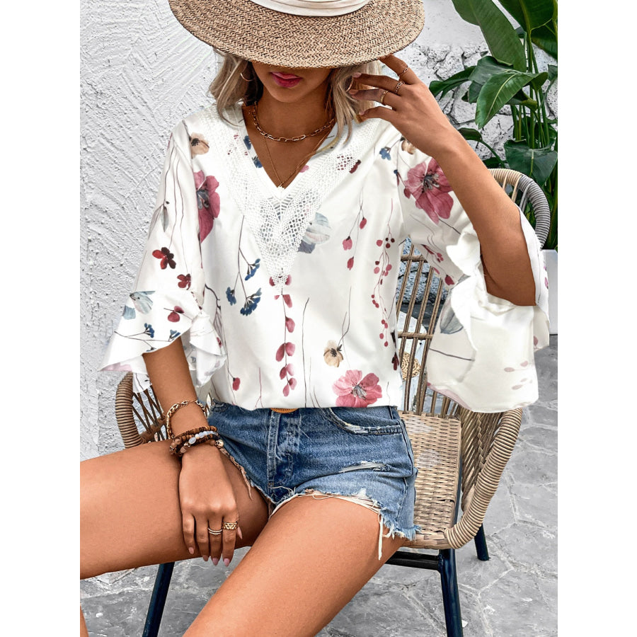 Ruffled Printed V-Neck Half Sleeve Blouse Burgundy / S Apparel and Accessories