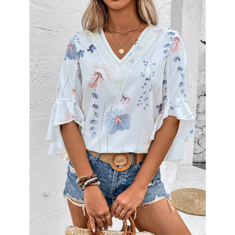 Ruffled Printed V-Neck Half Sleeve Blouse White / S Apparel and Accessories