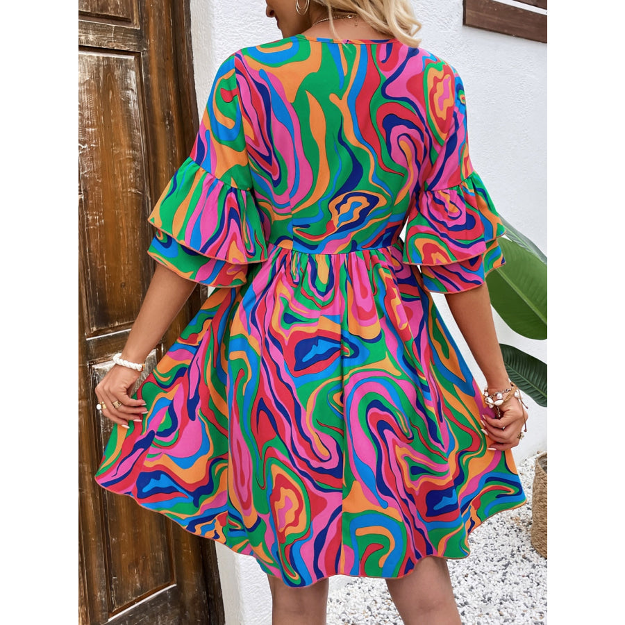 Ruffled Printed V-Neck Half Sleeve Mini Dress Apparel and Accessories