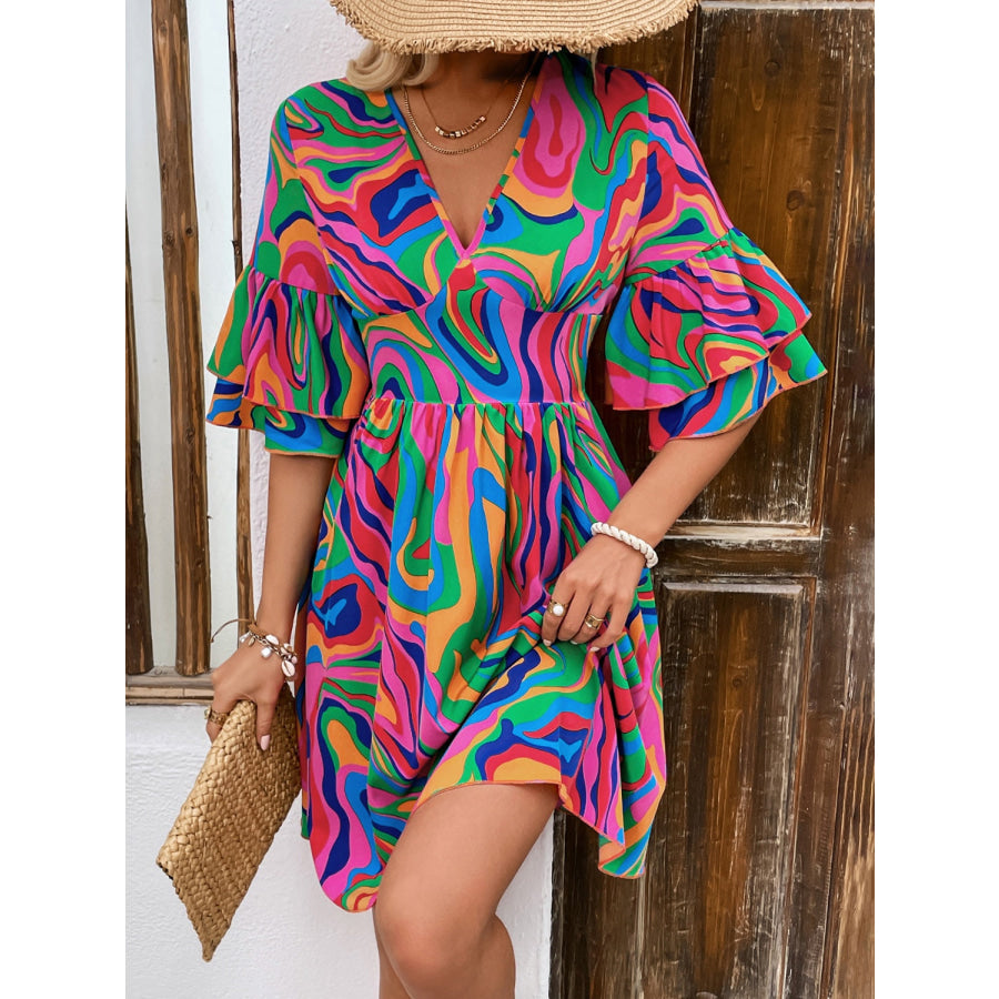 Ruffled Printed V-Neck Half Sleeve Mini Dress Apparel and Accessories