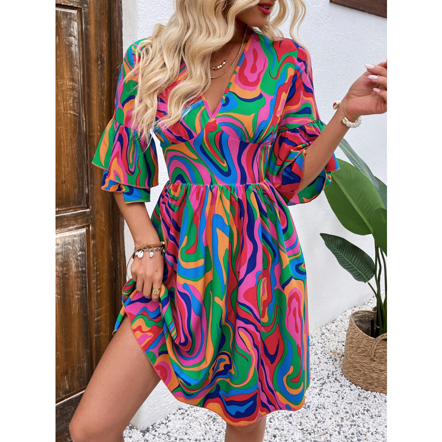 Ruffled Printed V-Neck Half Sleeve Mini Dress Apparel and Accessories