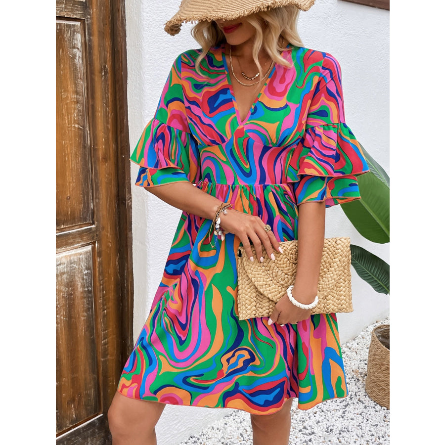 Ruffled Printed V-Neck Half Sleeve Mini Dress Apparel and Accessories