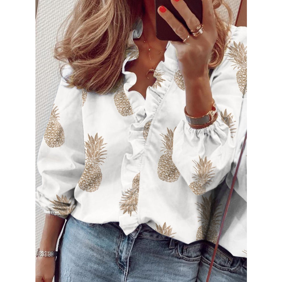 Ruffled Printed V-Neck Long Sleeve Blouse Apparel and Accessories