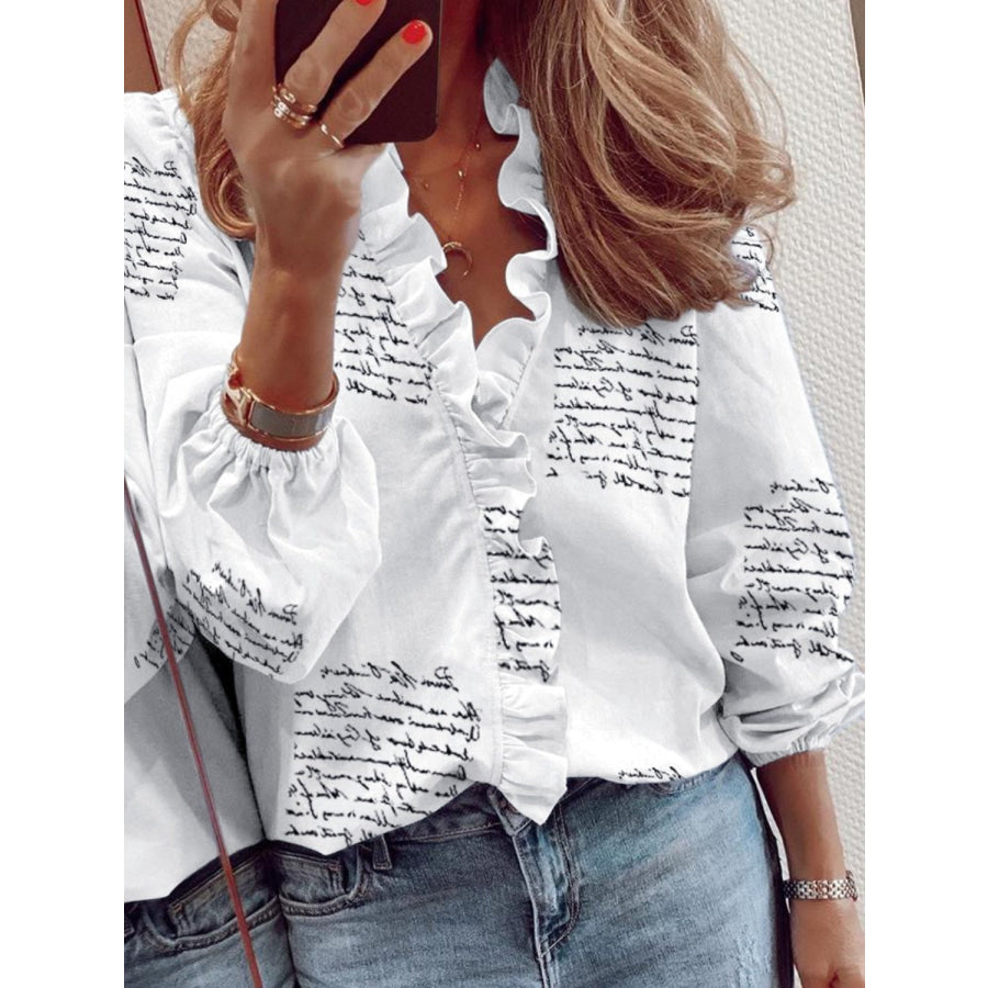 Ruffled Printed V-Neck Long Sleeve Blouse Apparel and Accessories