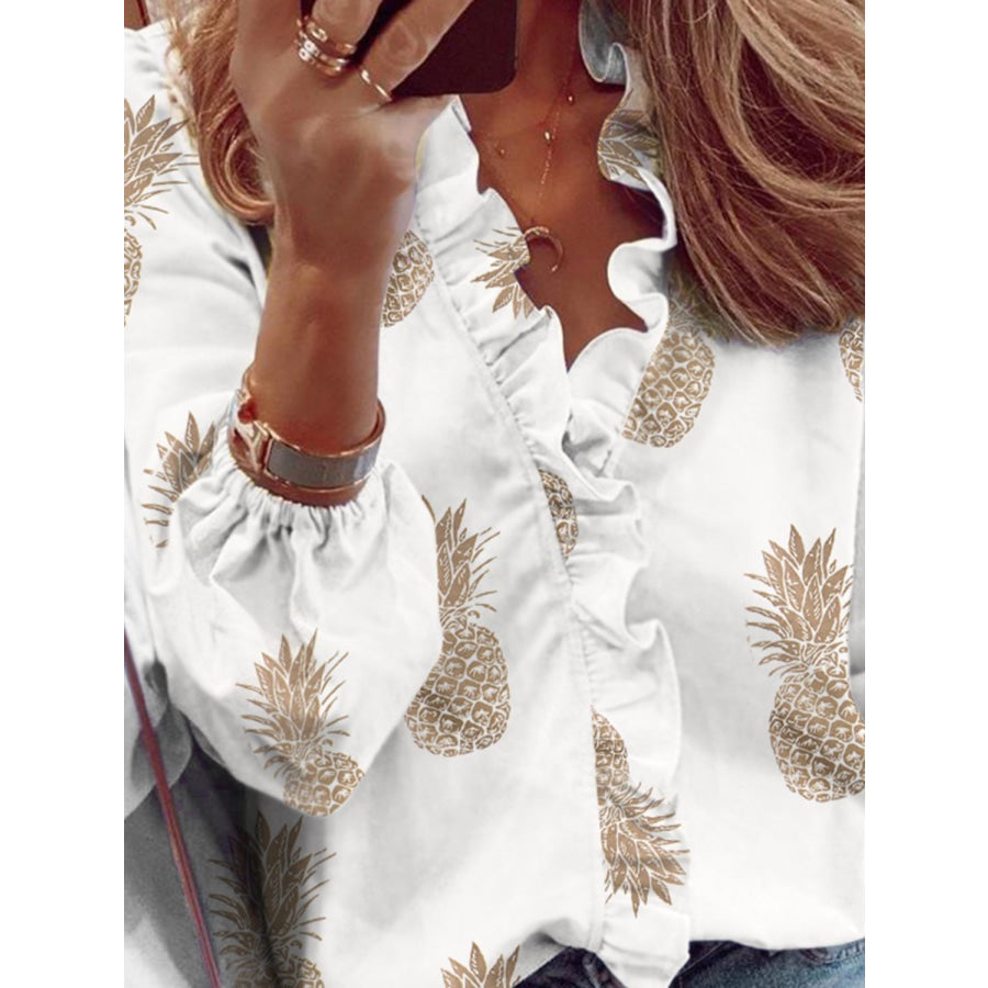 Ruffled Printed V-Neck Long Sleeve Blouse Apparel and Accessories