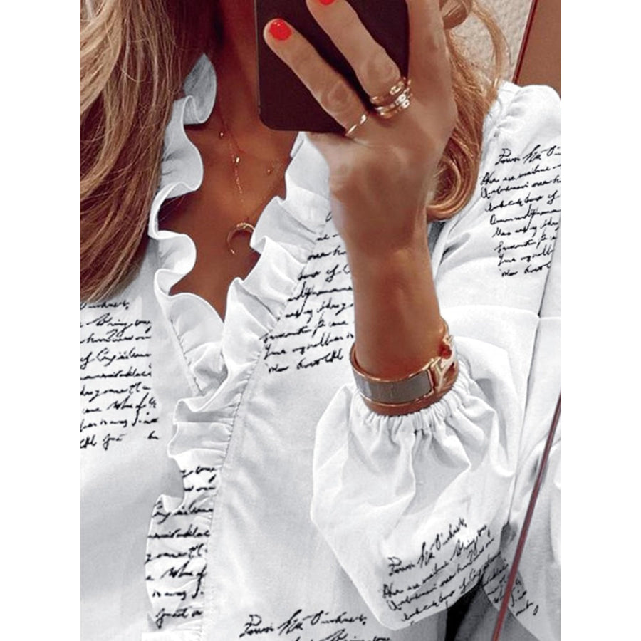 Ruffled Printed V-Neck Long Sleeve Blouse White / S Apparel and Accessories