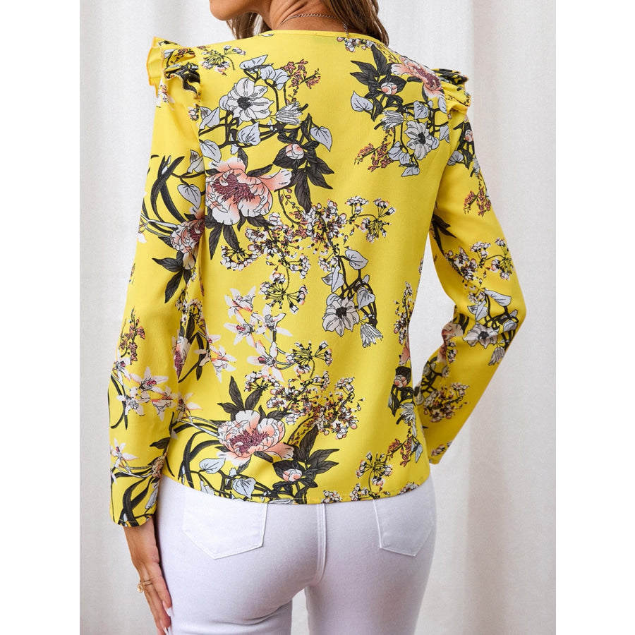 Ruffled Printed V-Neck Long Sleeve Blouse Apparel and Accessories