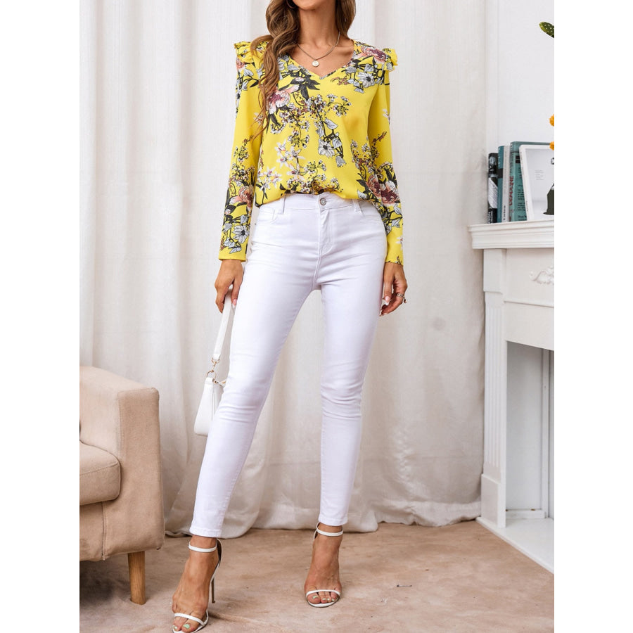 Ruffled Printed V-Neck Long Sleeve Blouse Apparel and Accessories