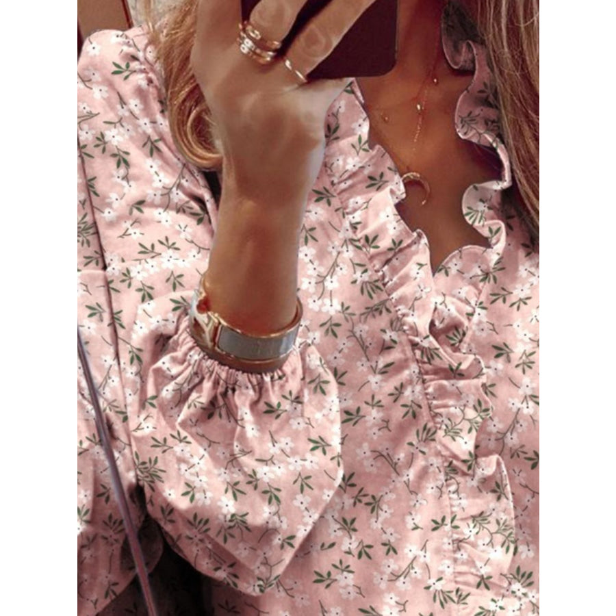 Ruffled Printed V-Neck Long Sleeve Blouse Apparel and Accessories