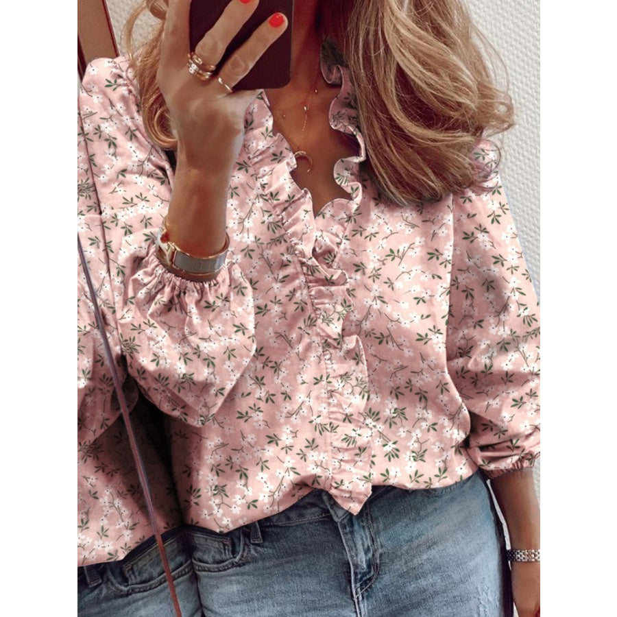 Ruffled Printed V-Neck Long Sleeve Blouse Apparel and Accessories