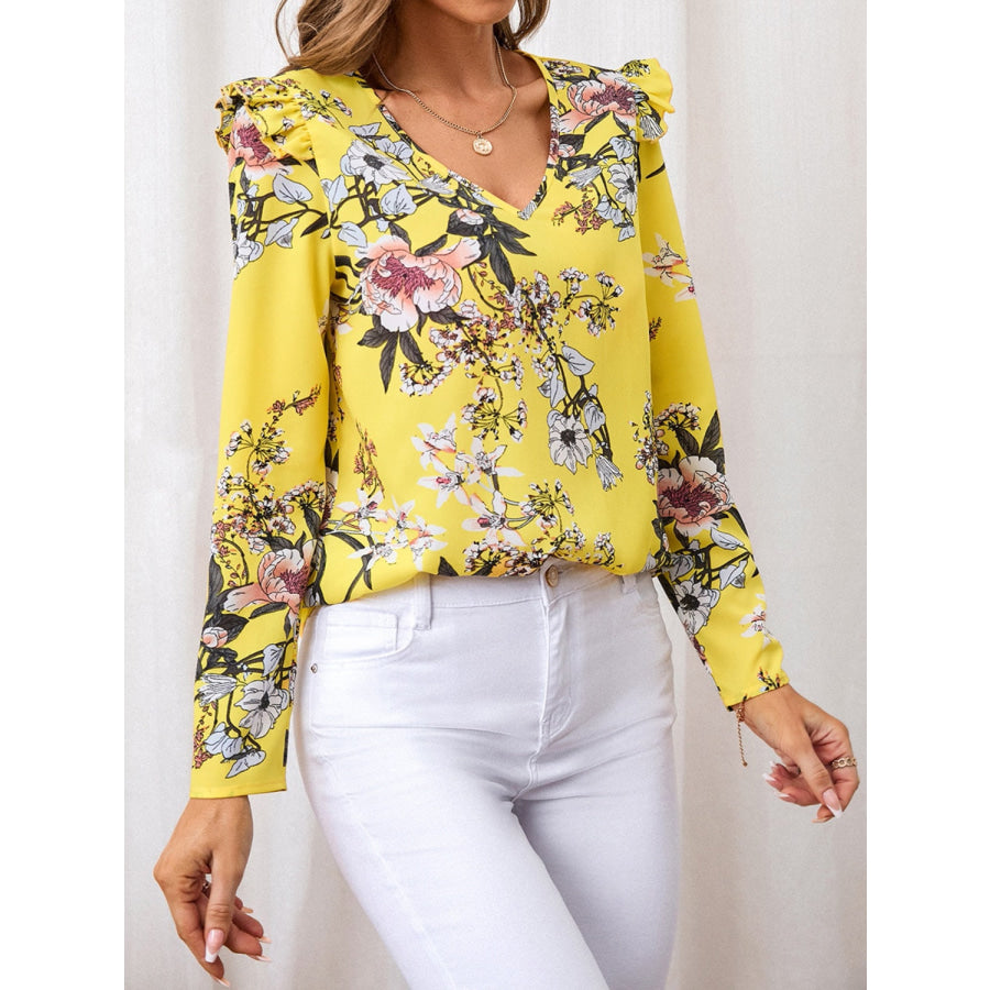 Ruffled Printed V-Neck Long Sleeve Blouse Apparel and Accessories