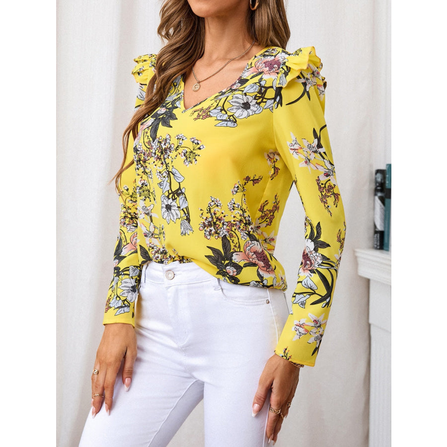 Ruffled Printed V-Neck Long Sleeve Blouse Apparel and Accessories