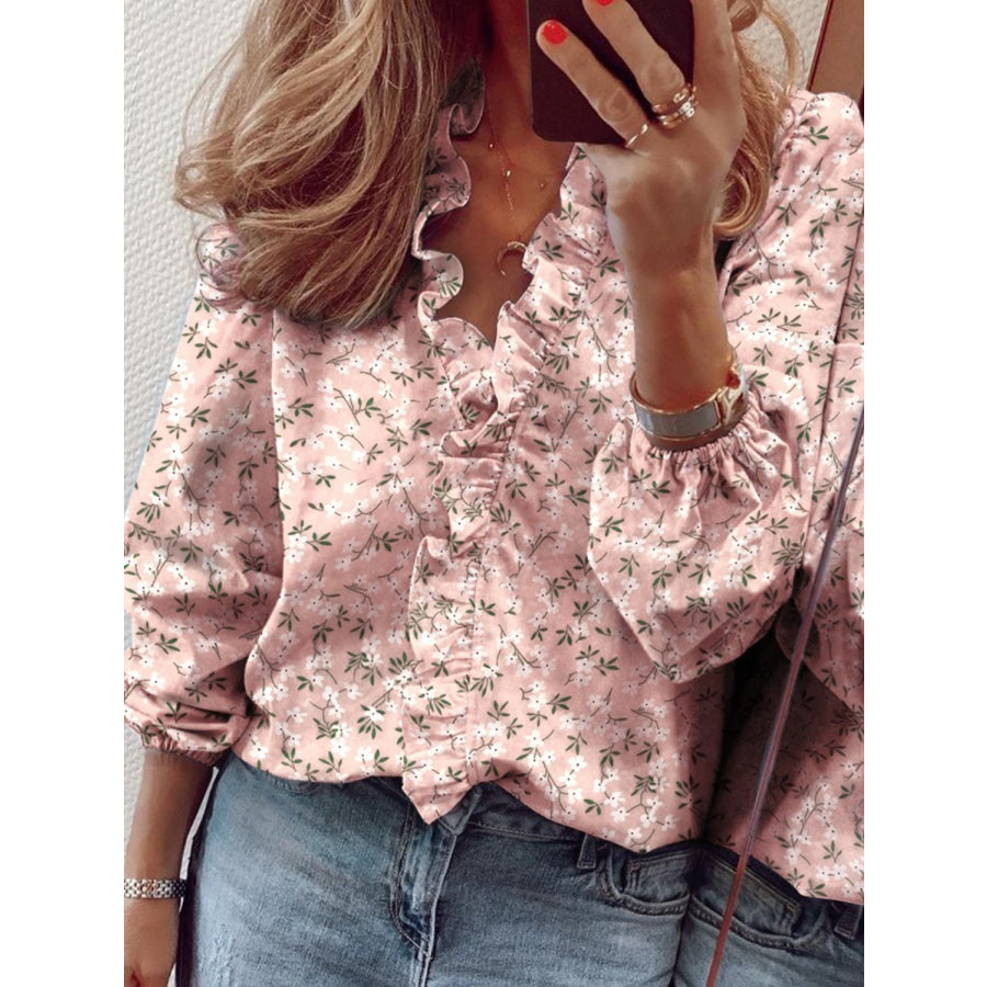 Ruffled Printed V-Neck Long Sleeve Blouse Blush Pink / S Apparel and Accessories