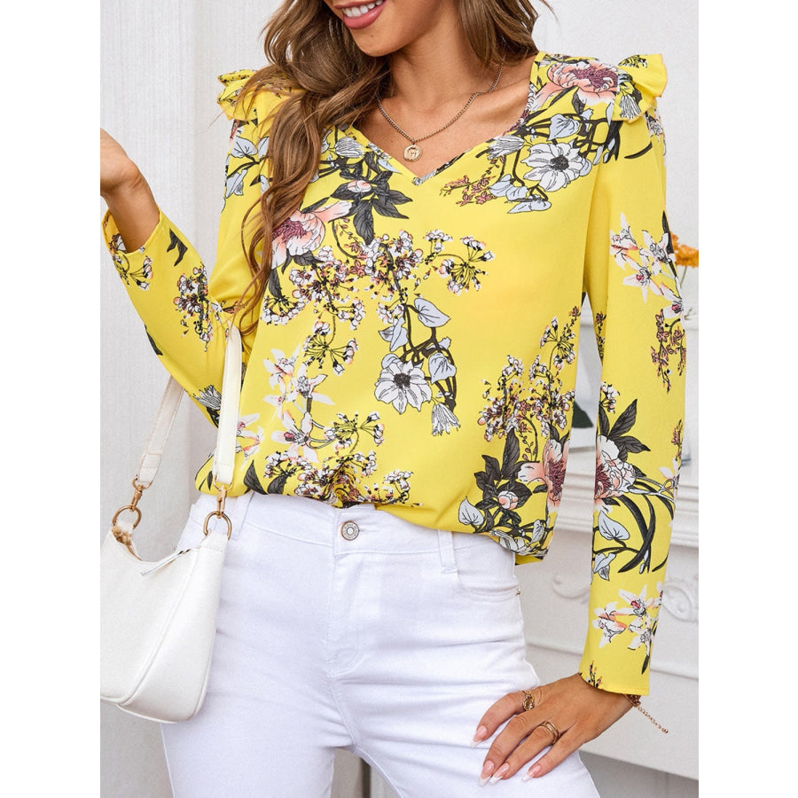 Ruffled Printed V-Neck Long Sleeve Blouse Canary Yellow / S Apparel and Accessories