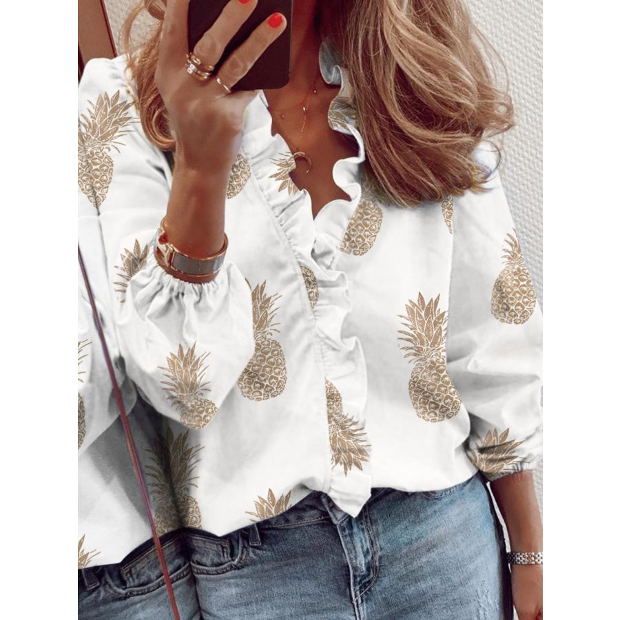 Ruffled Printed V-Neck Long Sleeve Blouse Cream / S Apparel and Accessories