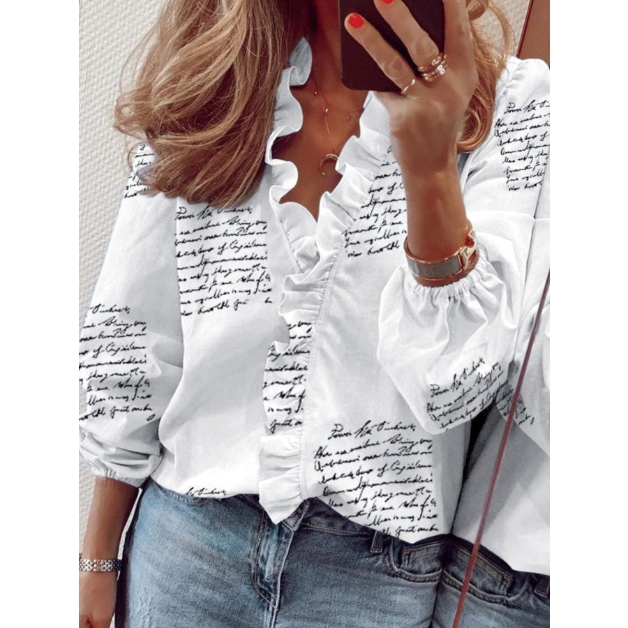 Ruffled Printed V-Neck Long Sleeve Blouse White / S Apparel and Accessories