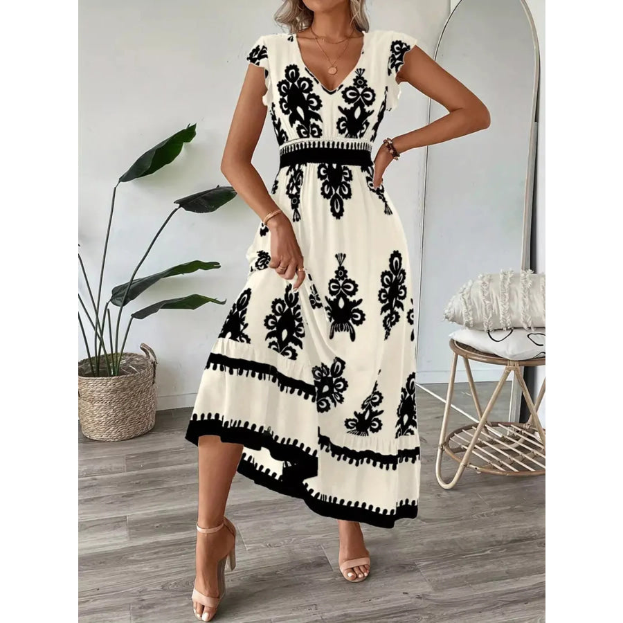 Ruffled Printed V-Neck Maxi Dress Apparel and Accessories