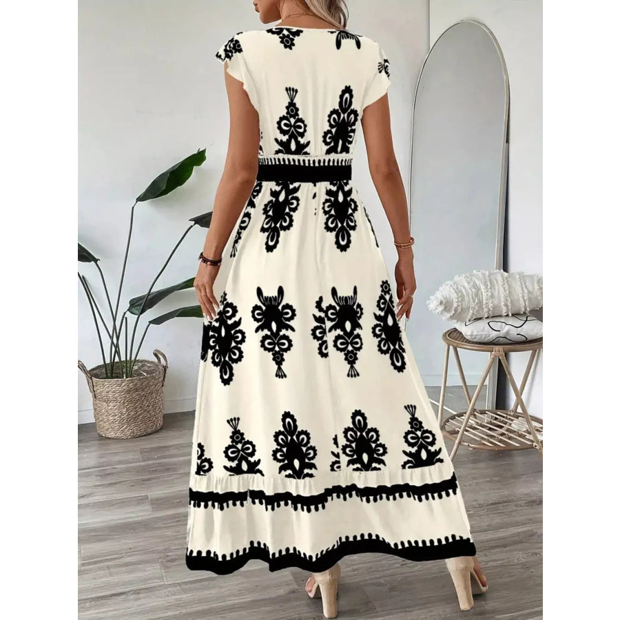 Ruffled Printed V-Neck Maxi Dress Apparel and Accessories