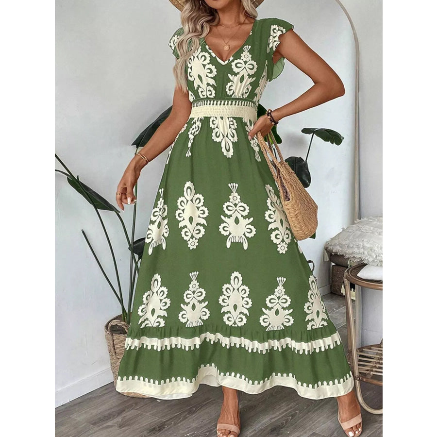 Ruffled Printed V-Neck Maxi Dress Apparel and Accessories