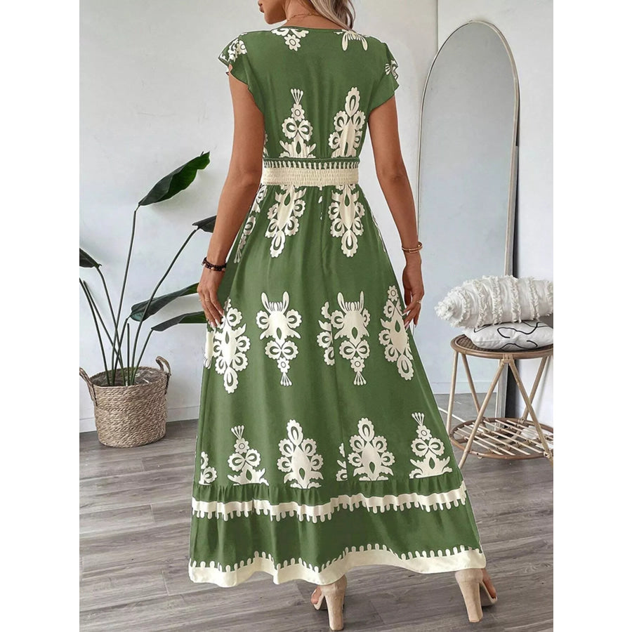 Ruffled Printed V-Neck Maxi Dress Apparel and Accessories