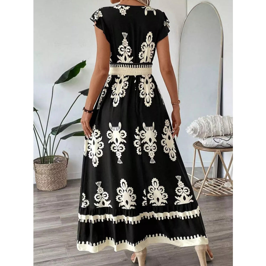 Ruffled Printed V-Neck Maxi Dress Apparel and Accessories