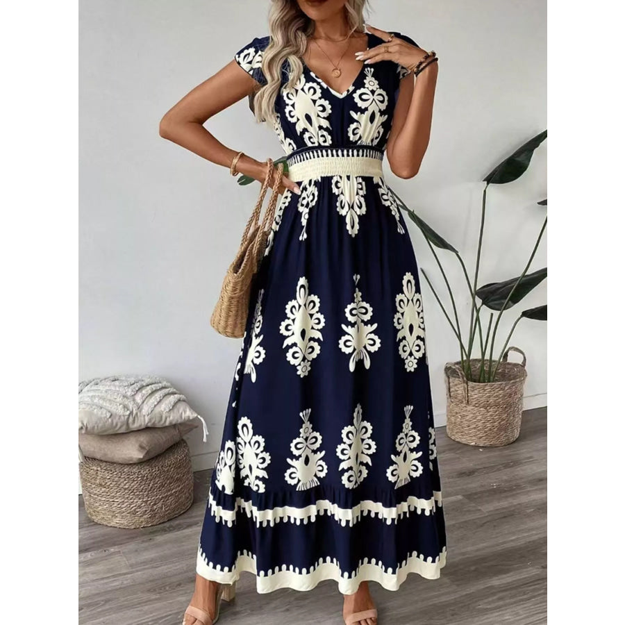 Ruffled Printed V-Neck Maxi Dress Apparel and Accessories
