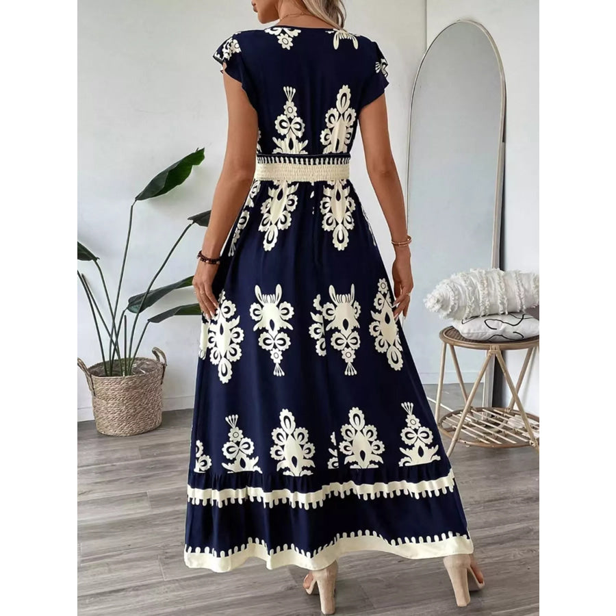 Ruffled Printed V-Neck Maxi Dress Apparel and Accessories