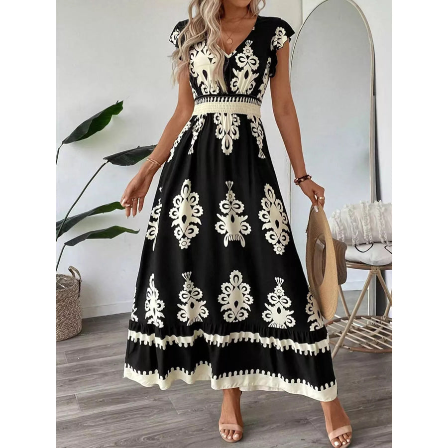 Ruffled Printed V-Neck Maxi Dress Black / S Apparel and Accessories