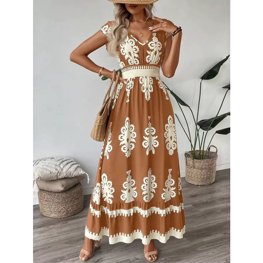 Ruffled Printed V-Neck Maxi Dress Caramel / S Apparel and Accessories