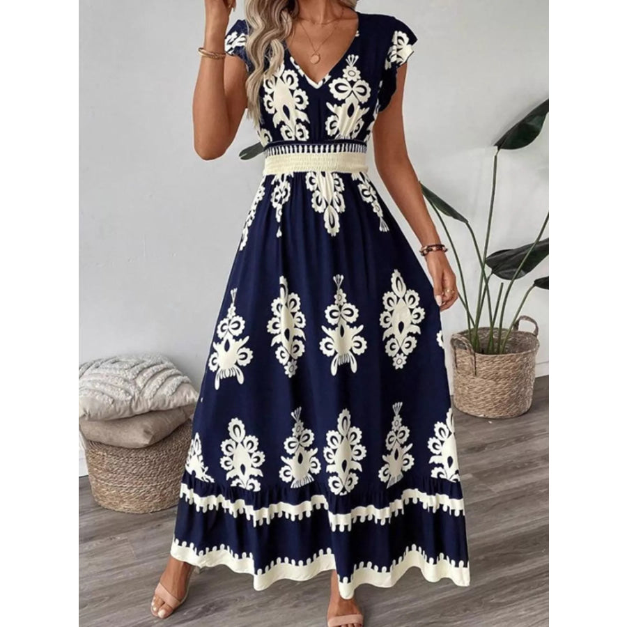 Ruffled Printed V-Neck Maxi Dress Dark Navy / S Apparel and Accessories