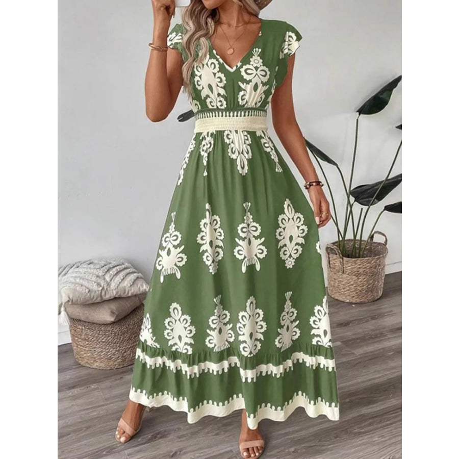Ruffled Printed V-Neck Maxi Dress Moss / S Apparel and Accessories
