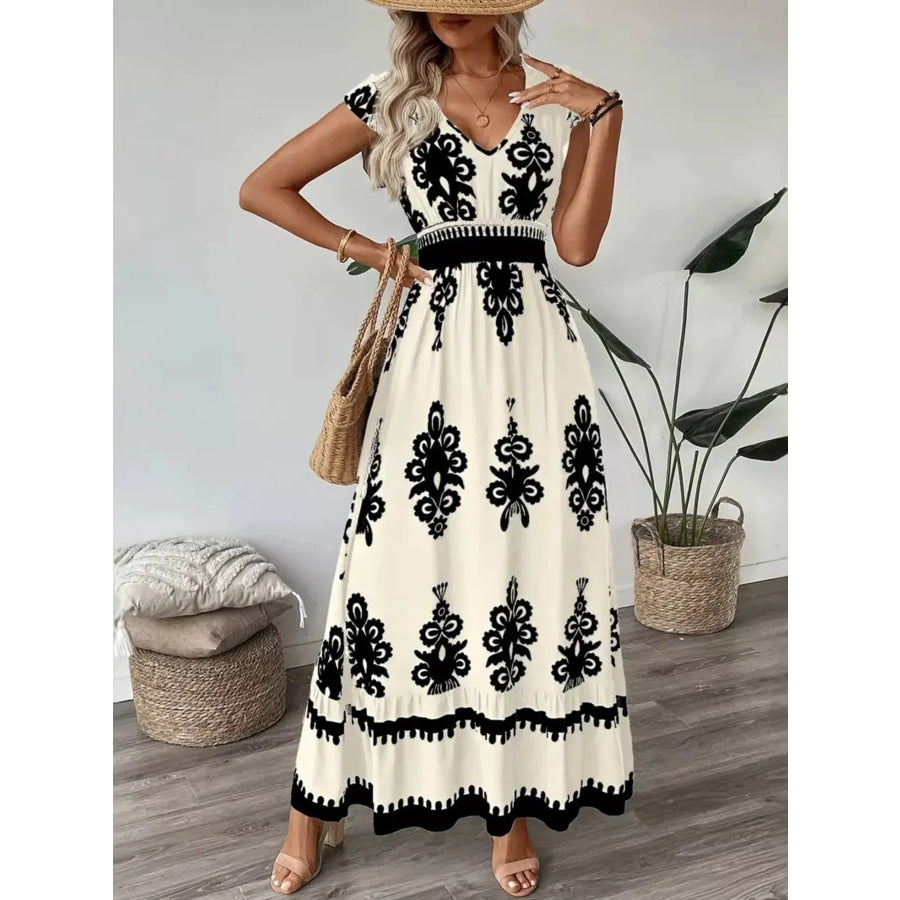 Ruffled Printed V-Neck Maxi Dress White / S Apparel and Accessories