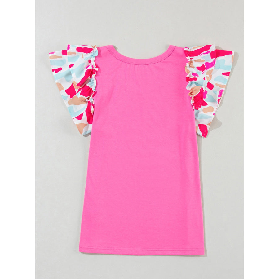 Ruffled Printed V - Neck Short Sleeve Blouse Apparel and Accessories