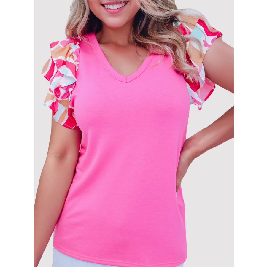 Ruffled Printed V - Neck Short Sleeve Blouse Hot Pink / S Apparel and Accessories