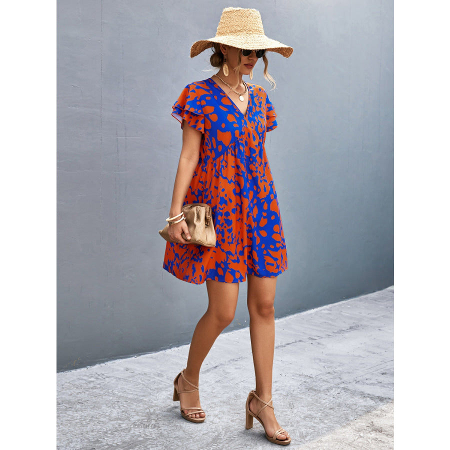 Ruffled Printed V-Neck Short Sleeve Mini Dress Apparel and Accessories