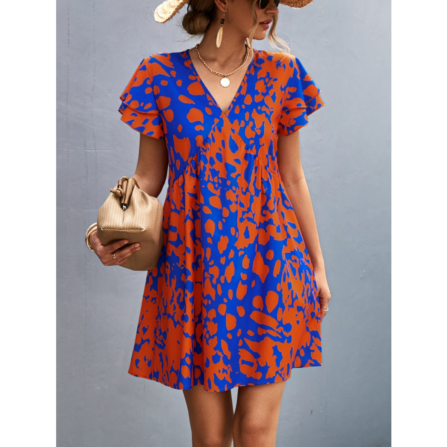 Ruffled Printed V-Neck Short Sleeve Mini Dress Apparel and Accessories