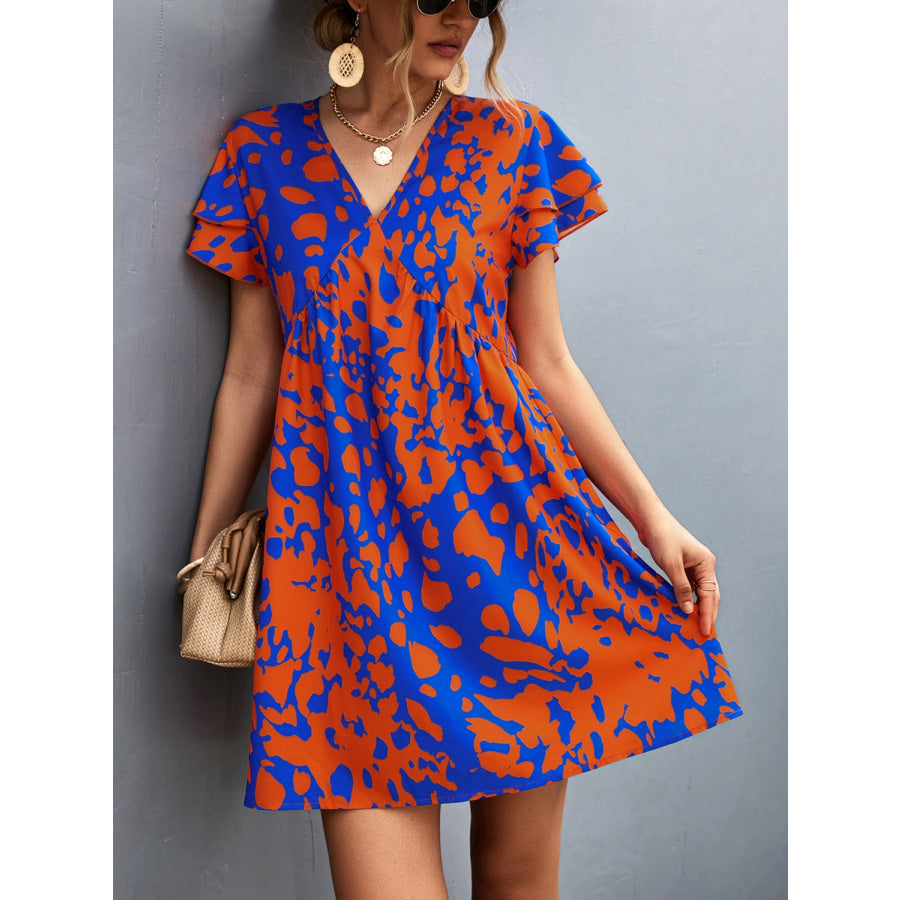 Ruffled Printed V-Neck Short Sleeve Mini Dress Apparel and Accessories