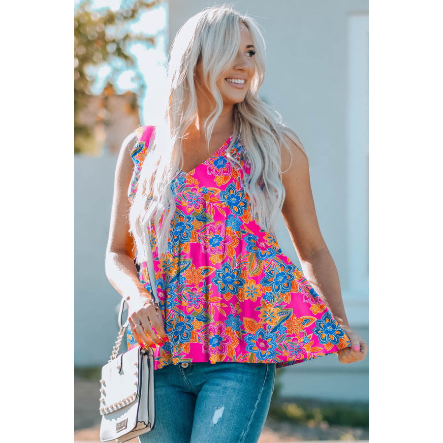 Ruffled Printed V - Neck Tank Apparel and Accessories