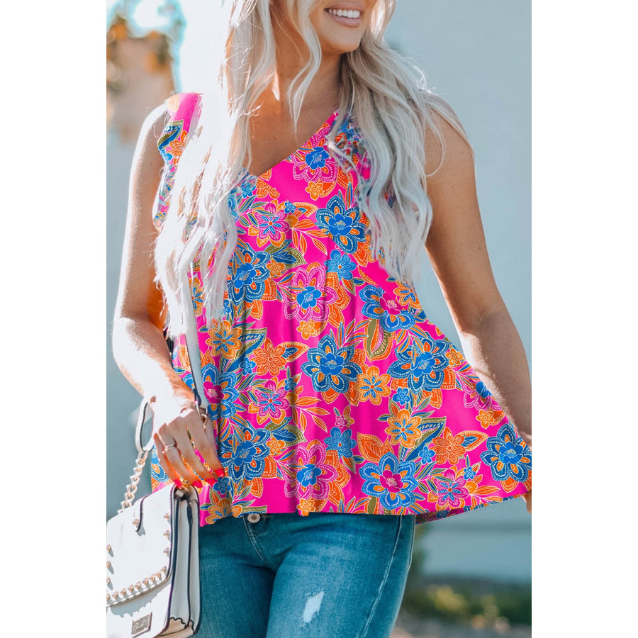 Ruffled Printed V - Neck Tank Multicolor / S Apparel and Accessories