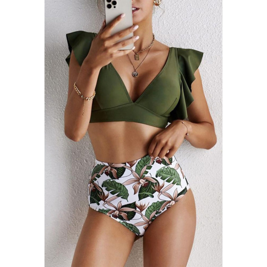 Ruffled Printed V-Neck Two-Piece Swim Set Apparel and Accessories