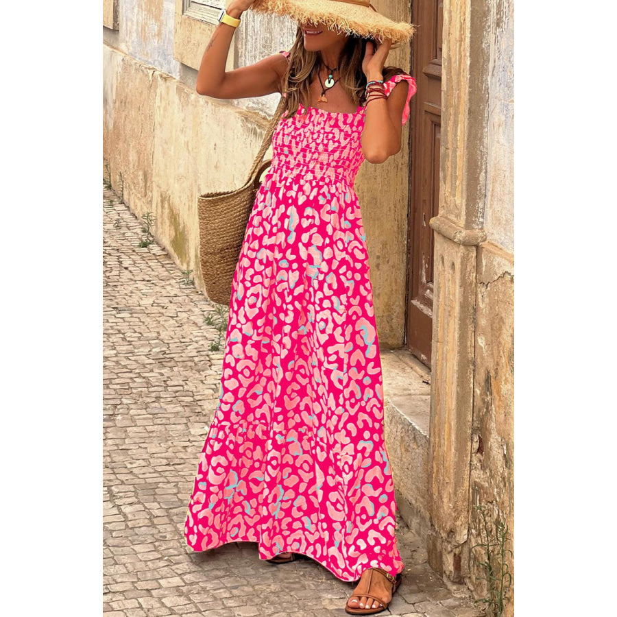 Ruffled Printed Wide Strap Dress Hot Pink / S Apparel and Accessories